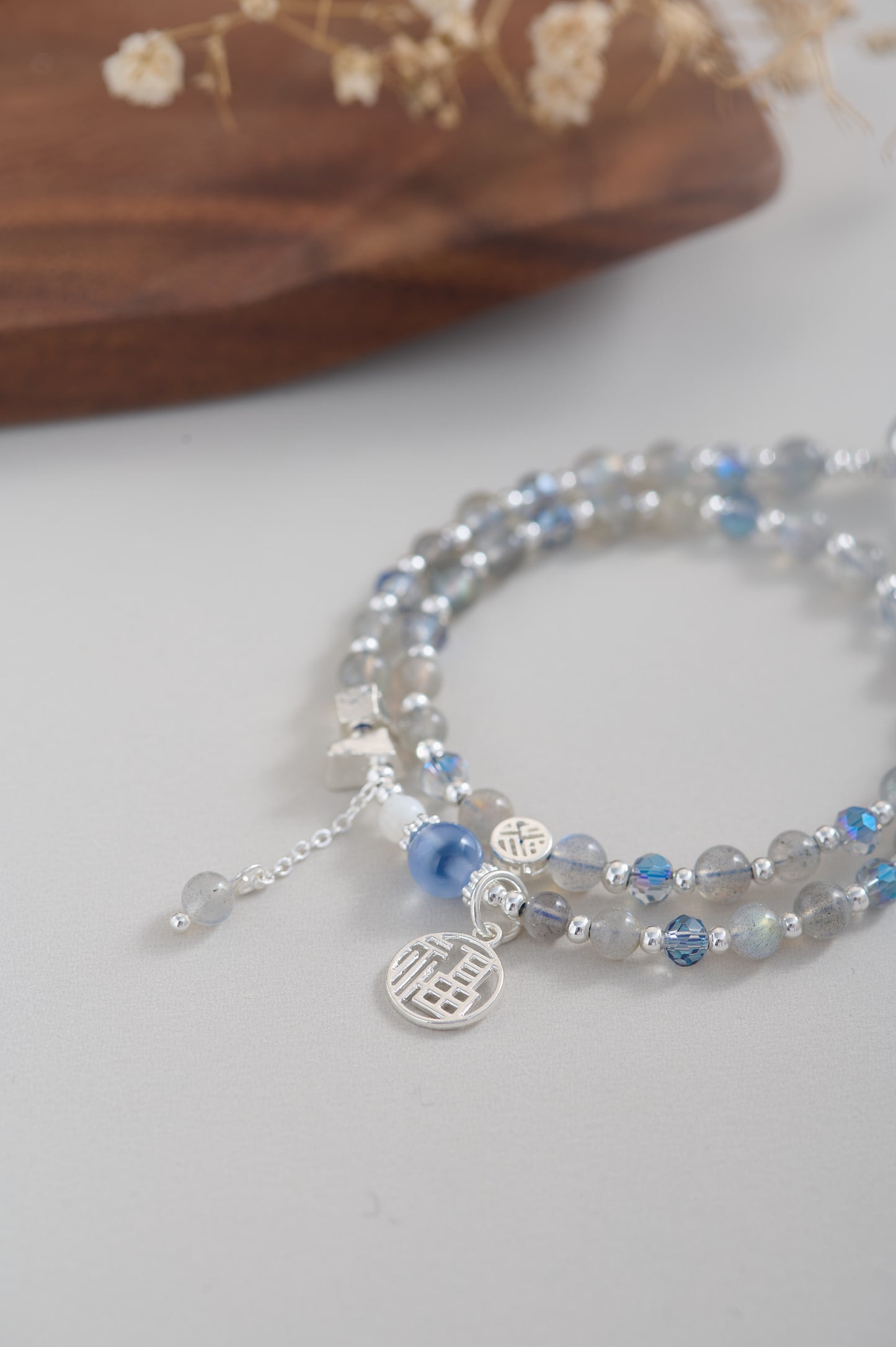 Moonstone & Blue Agate Multi-Layer Bracelet – Adjustable Double Wrap with Silver Charms, Elegant Gift for Her