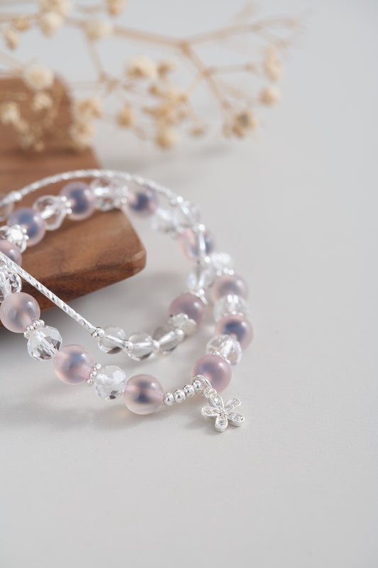 Pink Heart Agate & Crystal Beaded Wrap Bracelet – Sterling Silver Adjustable Charm Jewelry