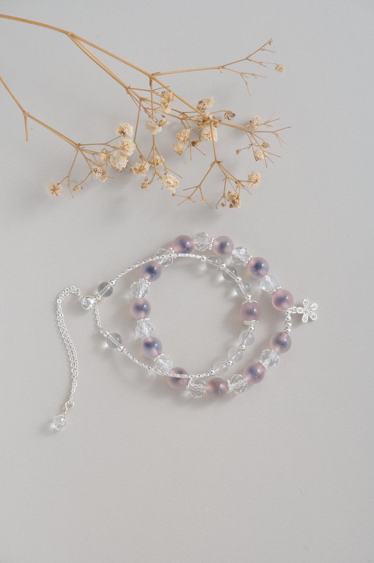 Pink Heart Agate & Crystal Beaded Wrap Bracelet – Sterling Silver Adjustable Charm Jewelry