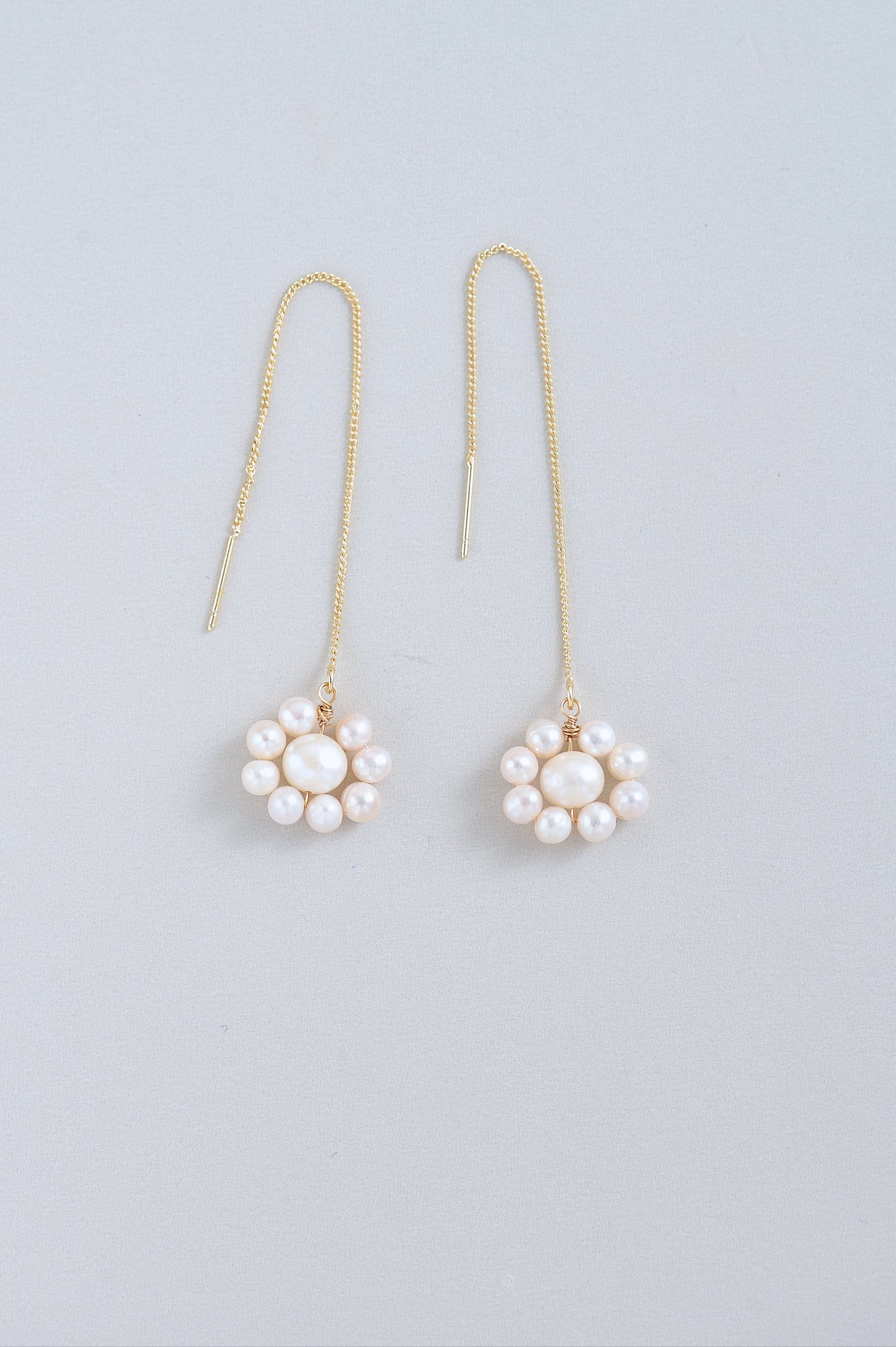Handmade Freshwater Pearl Daisy Threader Earrings | 14k Gold-Filled Wire | Delicate Flower Dangle Earrings for Women