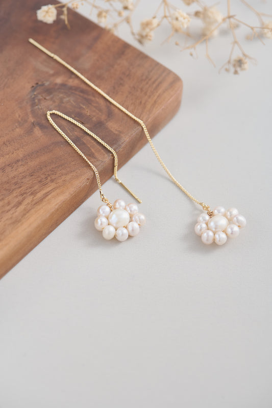 Handmade Freshwater Pearl Daisy Threader Earrings | 14k Gold-Filled Wire | Delicate Flower Dangle Earrings for Women