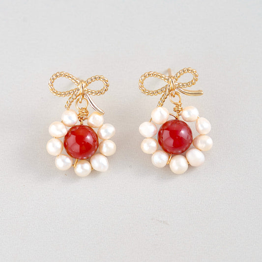 Handmade Red Agate & Freshwater Pearl Stud Earrings with Gold Bow – 14k Gold Filled Wire Wrapped Jewelry