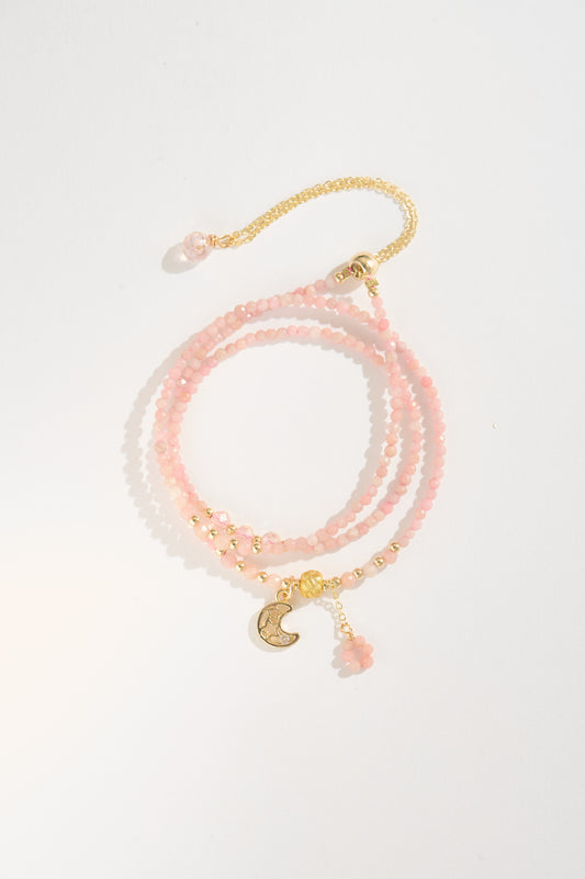 Handmade Pink Opal Beaded Bracelet – Moon Charm Double Layer Crystal Bracelet, Dainty Gemstone Gift for Her, Healing Energy Jewelry