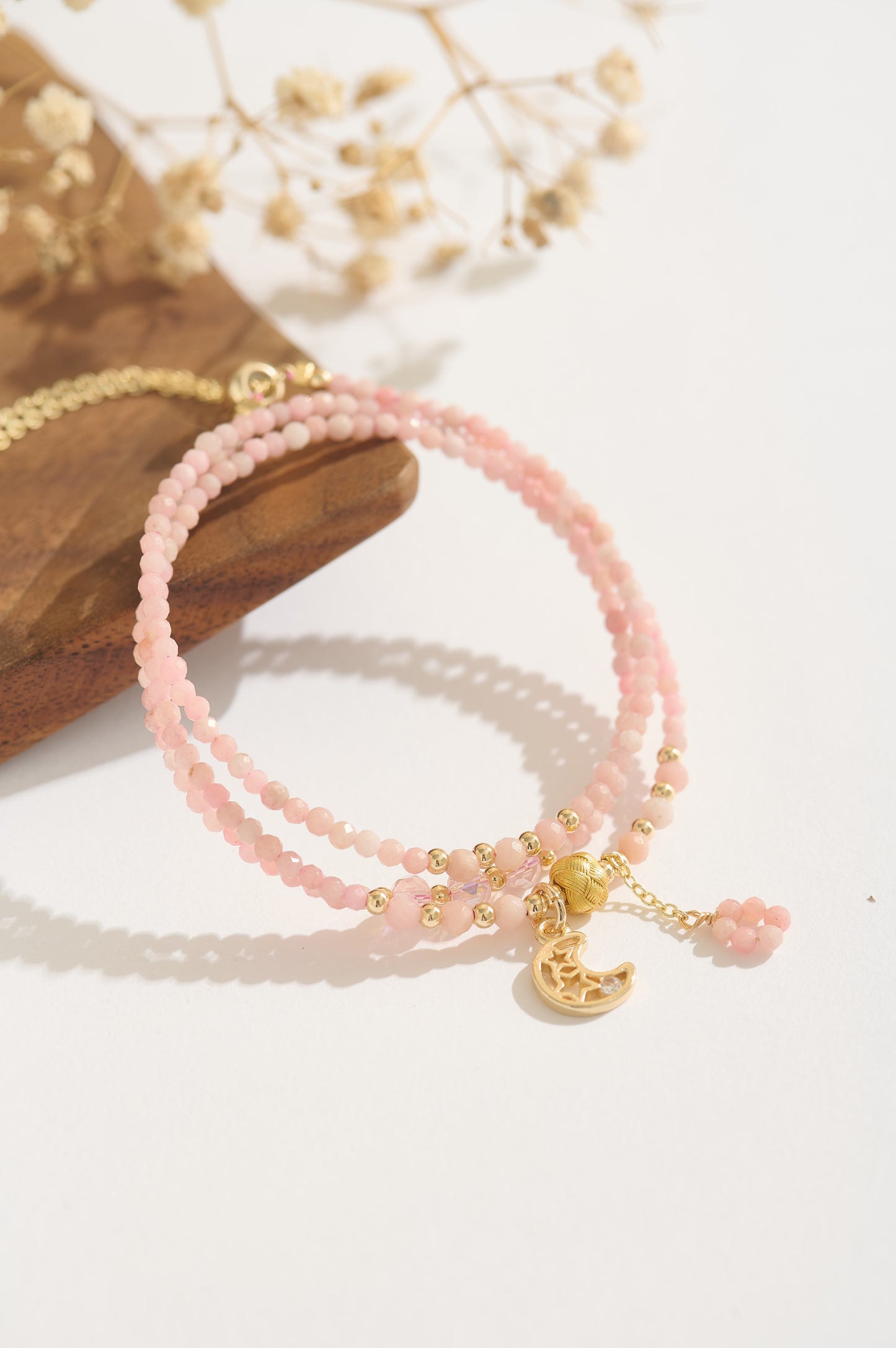 Handmade Pink Opal Beaded Bracelet – Moon Charm Double Layer Crystal Bracelet, Dainty Gemstone Gift for Her, Healing Energy Jewelry