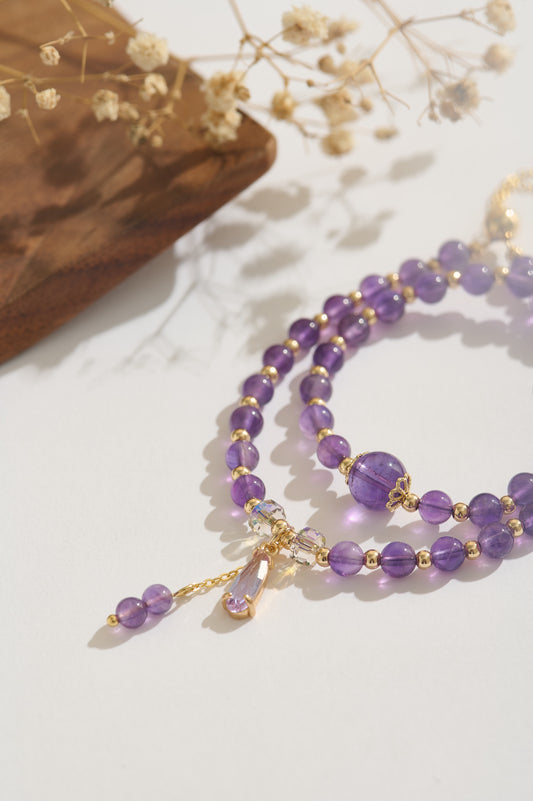 Handmade Amethyst Double Layer Beaded Bracelet Natural Purple Crystal Jewelry with Gold Accents, Adjustable Gemstone Wrap Bracelet for Women