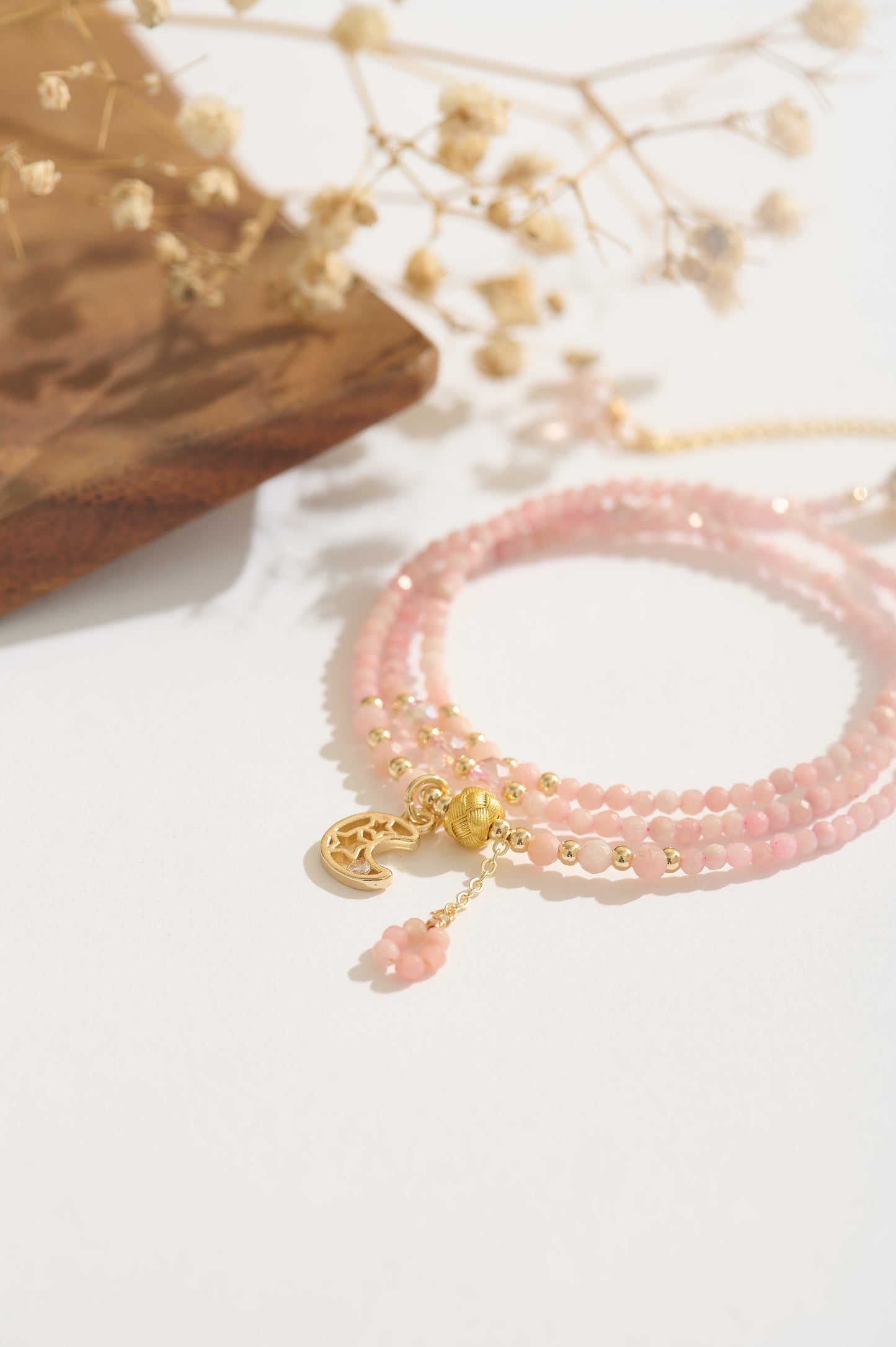 Handmade Pink Opal Beaded Bracelet – Moon Charm Double Layer Crystal Bracelet, Dainty Gemstone Gift for Her, Healing Energy Jewelry