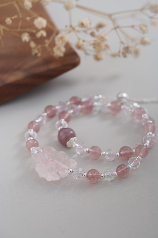 Handmade Lucky Romantic Charm Strawberry Quartz & Rose Quartz Fox Charm Wrap Bracelet Double Layer Silver Pink Crystal Rose Gemstone