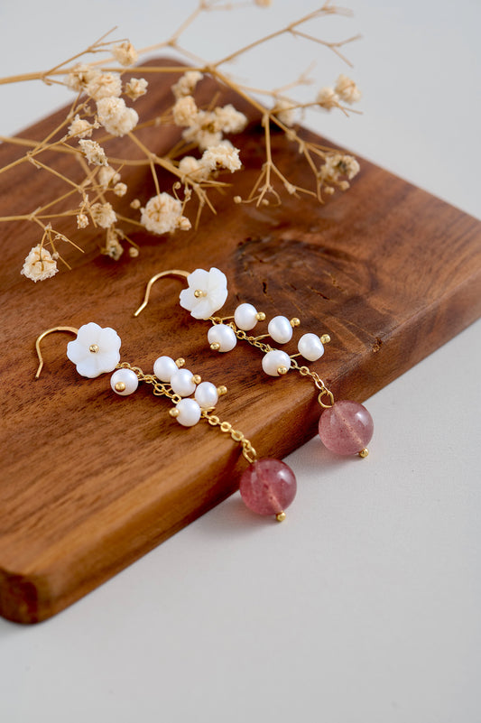 Handmade 14k Gold-Filled Earrings with Strawberry Quartz, Freshwater Pearls & Carved Shell Flower | Dangle Earrings | Elegant Gift for Her