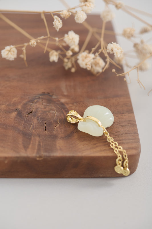 Hetian Jade Lucky Bag Necklace – 14K Gold-Filled Adjustable Chain with Silicone Slide Clasp | Handmade Good Luck Pendant