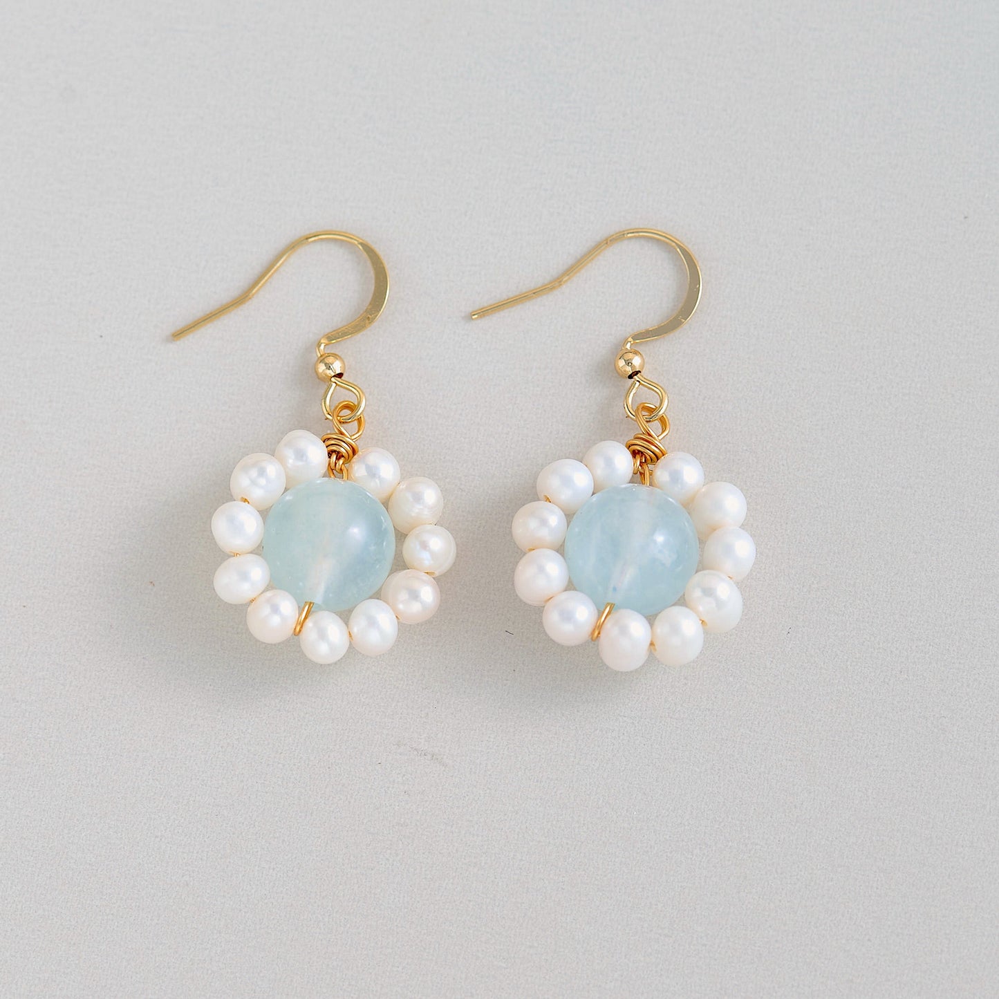 Handmade Aquamarine and Pearl Flower Dangle Earrings | 14k Gold Filled | Hypoallergenic Silicone Backs | Delicate Gift for Her