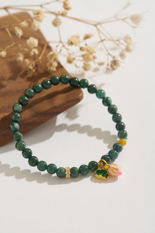 Handmade Natural Jade Beaded Bracelet with Gold Lotus Charms – Green Crystal Prosperity Bracelet