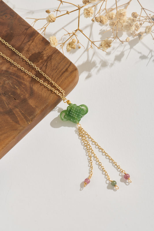 Eternal Knot – Hand-Carved Green Jade Pendant with Tourmaline Tassels & Free 14K Gold Adjustable Chain