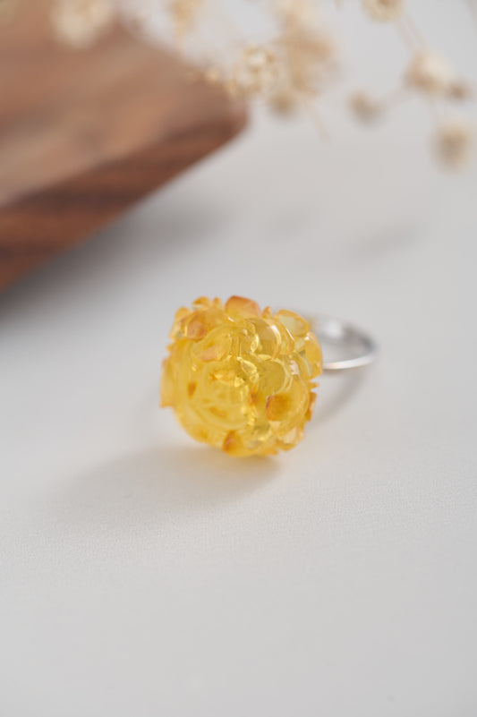 Natural Amber Flower Carved Ring – Wealth & Blessing Adjustable Ring – Handmade Resinous Amber Jewelry for Women