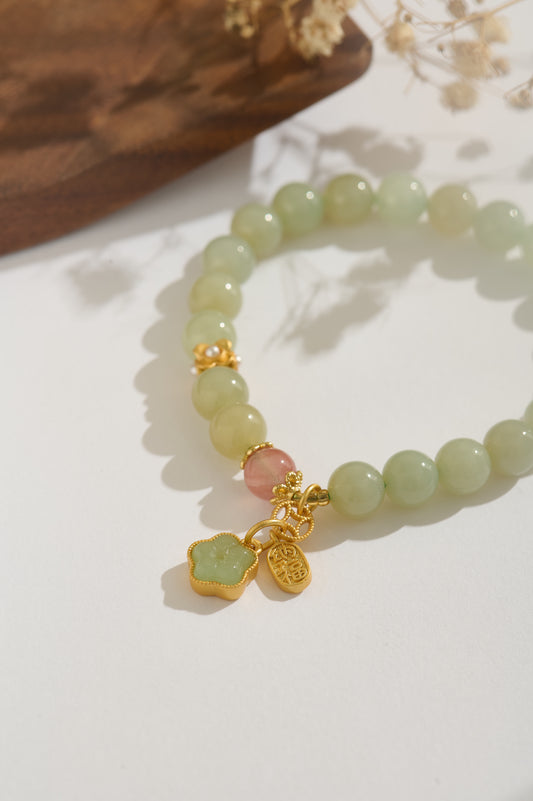 Premium Natural Hetian Jade Bracelet with Icy Southern Red Agate & Gold Clover Charm | Handmade High-Grade Jade Beaded Jewelry