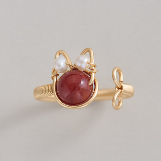 Cat Ear Wire Wrapped Ring – Natural Gemstone Adjustable Ring with Freshwater Pearls | Handmade 14K Gold Filled Jewelry Gift for Her