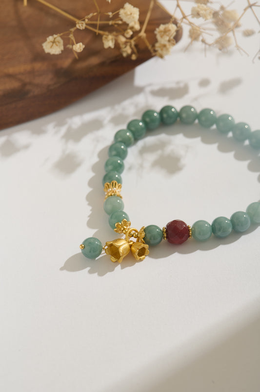 Natural Jadeite Jade Bracelet with Red Agate & Gold Lily Charms – High-Grade Burmese Type A Jade Beaded Bracelet for Women