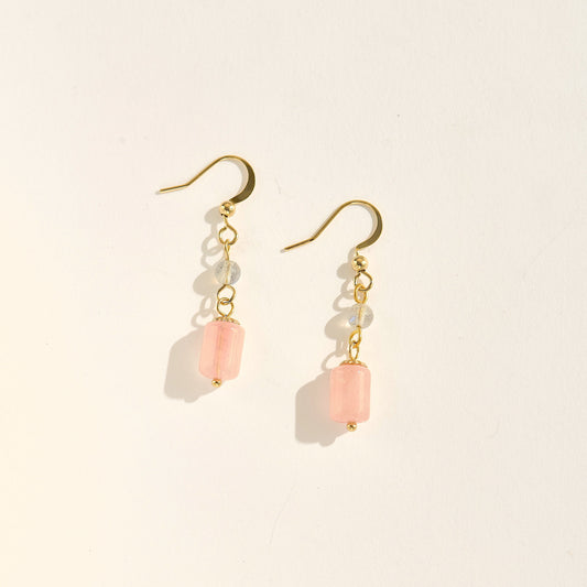 Handmade Rose Quartz & Labradorite Dangle Earrings – 14K Gold Filled Wire Wrapped, Natural Crystal Jewelry