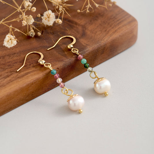 Handmade 14K Gold-Filled Wire Earrings with Natural Tourmaline & Freshwater Pearl