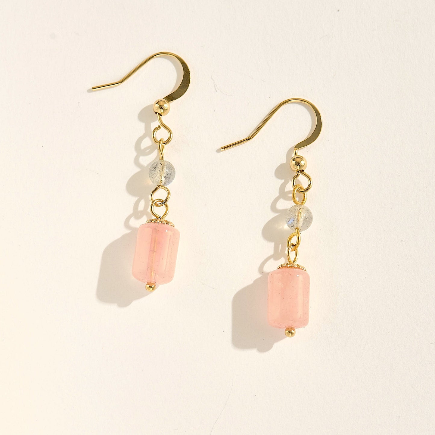 Handmade Rose Quartz & Labradorite Dangle Earrings – 14K Gold Filled Wire Wrapped, Natural Crystal Jewelry
