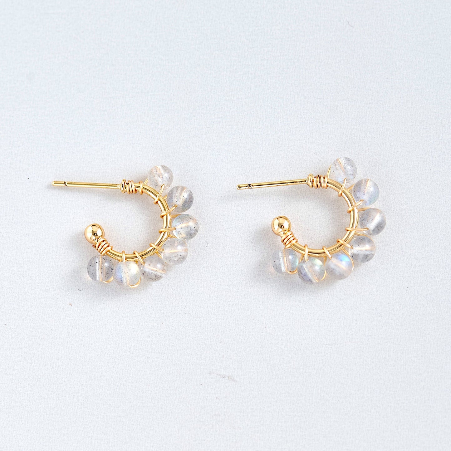 Natural Labradorite Hoop Earrings | Handmade 14K Gold-Filled Wire Wrapped | Delicate Minimalist Crystal Jewelry
