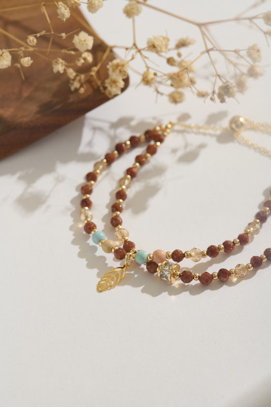 Gold Sandstone & Rainbow Crystal Double-Layer Bracelet, 14K Gold Adjustable Bracelet, Healing Gemstone Bracelet, Gift for Her