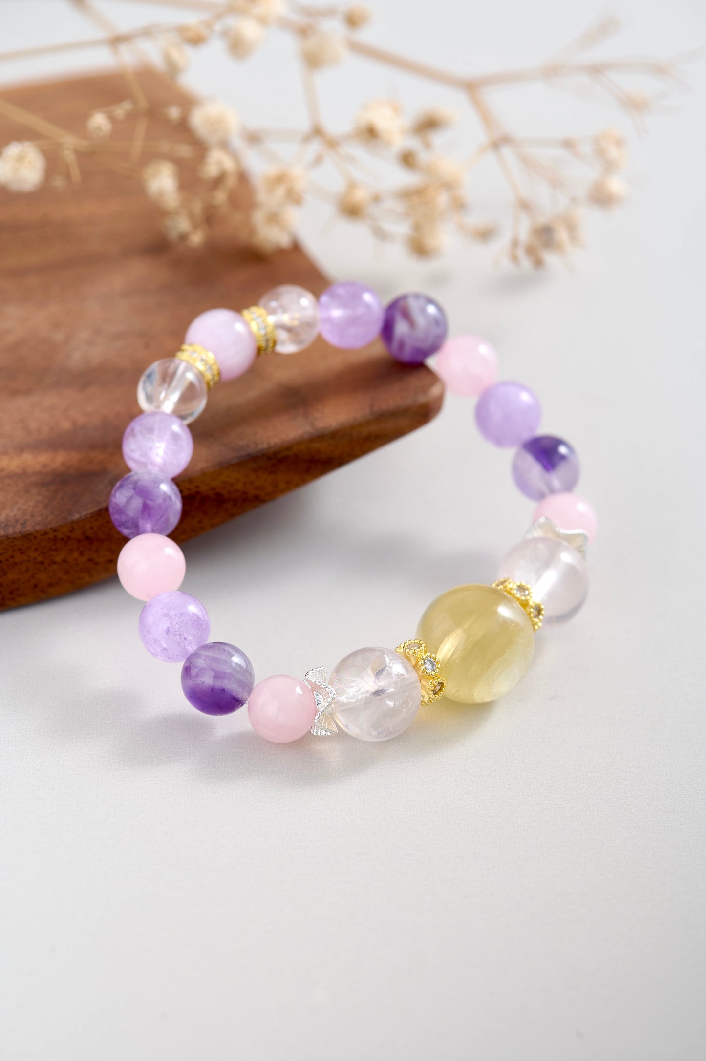 Monet's Golden Sunset Crystal Bracelet – Gold Lepidolite, Star Rose Quartz & Pink Aragonite