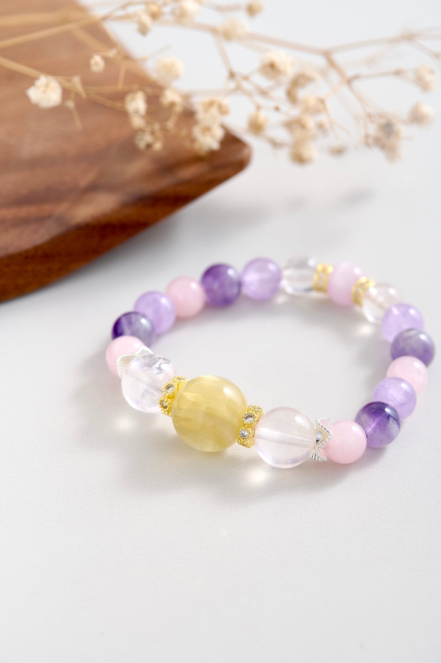 Monet's Golden Sunset Crystal Bracelet – Gold Lepidolite, Star Rose Quartz & Pink Aragonite