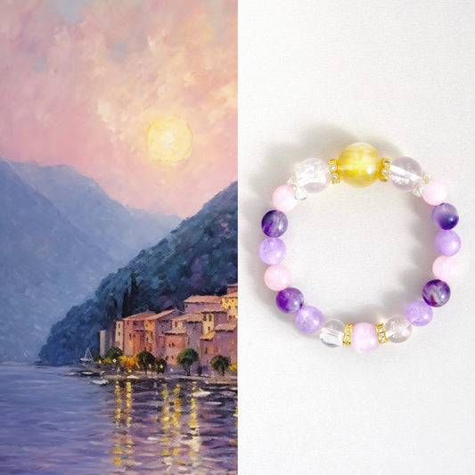 Monet's Golden Sunset Crystal Bracelet – Gold Lepidolite, Star Rose Quartz & Pink Aragonite