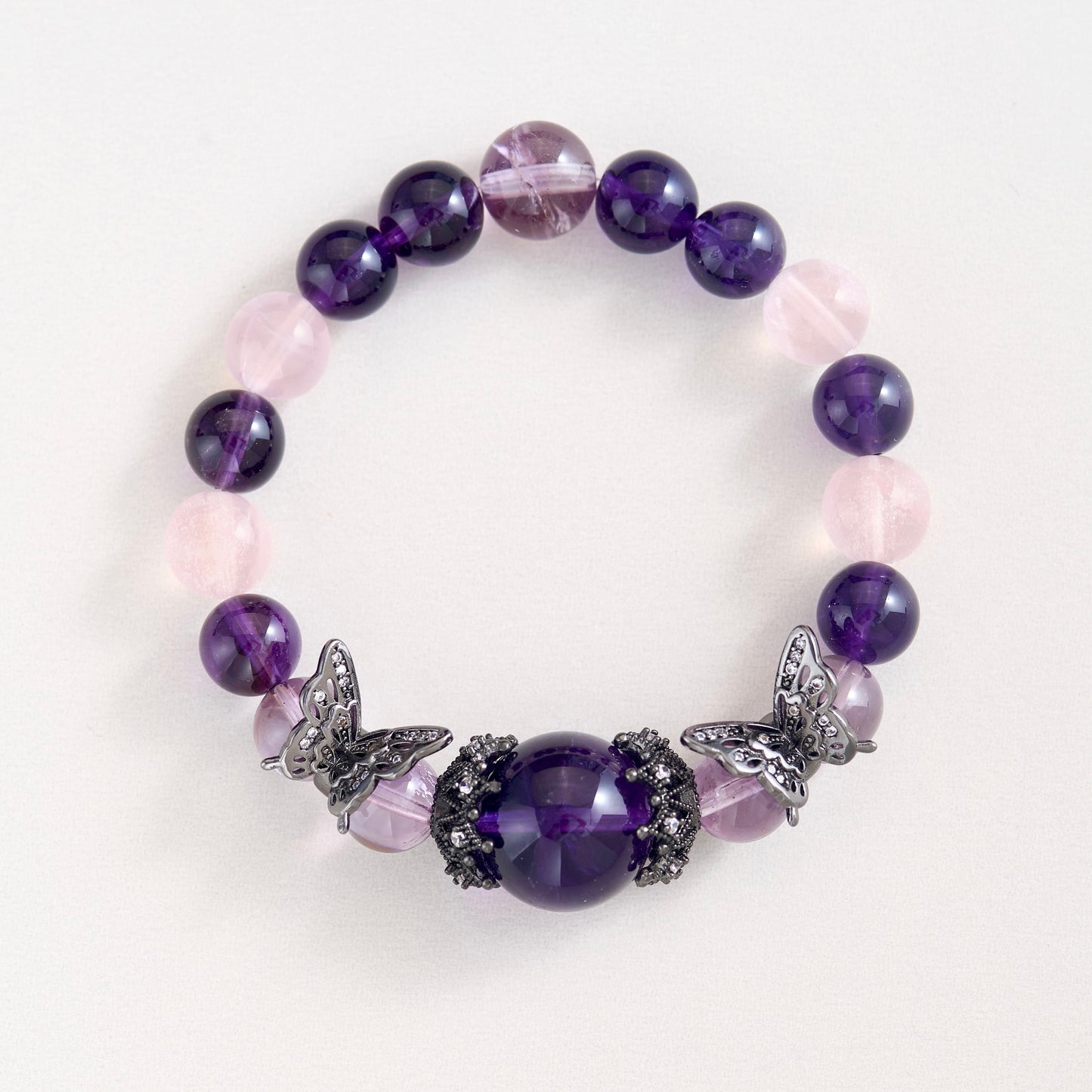 Premium High Quality! Violet Garden Crystal Bracelet – Amethyst & Rose Quartz Elegance
