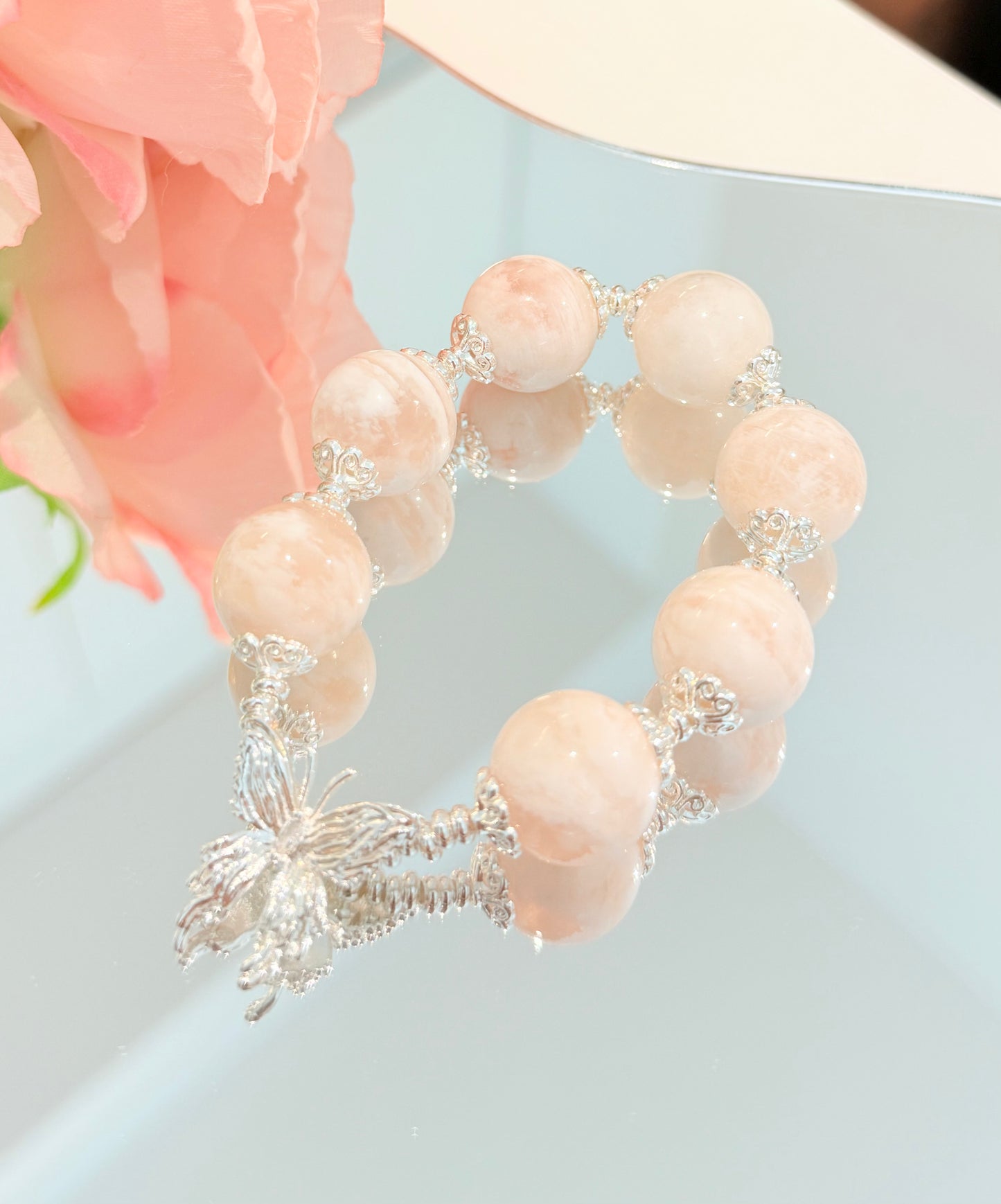 Pink Garden - Pink Phantom Quartz Bracelet with Sterling Silver & Butterfly Charm