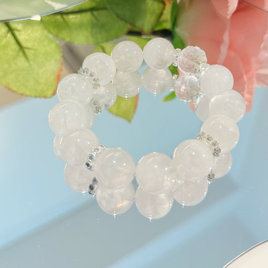 Snow Fox - White Phantom Quartz Bracelet with Carved Crystal Fox & Sterling Silver Accents