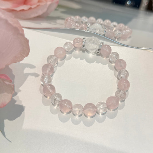 Fox of Love – Rose Quartz, Pink A'Sei & Clear Quartz Bracelet with Double-Sided Fox Charm