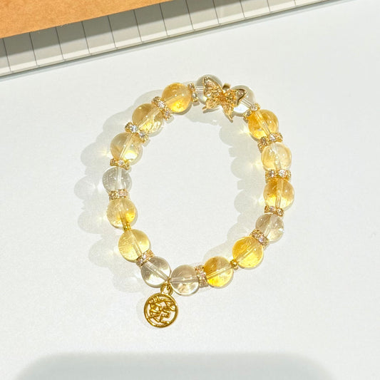 Golden Bloom – Citrine A’Sei & Rutilated Quartz Bracelet with 14K Fortune Charm