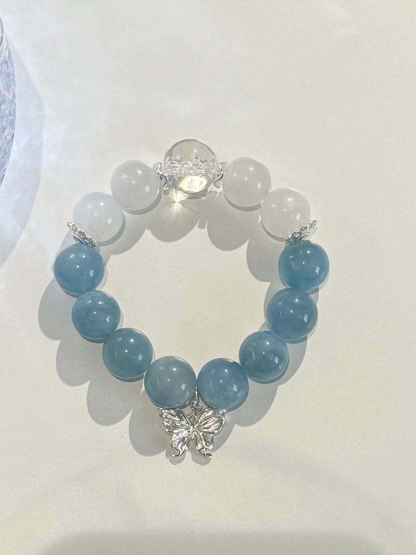 Mermaid's Tear – Aquamarine, Moonstone & Himalayan Quartz Bracelet with Sterling Silver Butterfly
