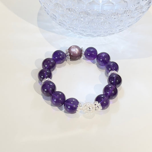 Amethyst Path – Uruguayan Amethyst & Lepidolite Bracelet with Sterling Silver Fortune Beads