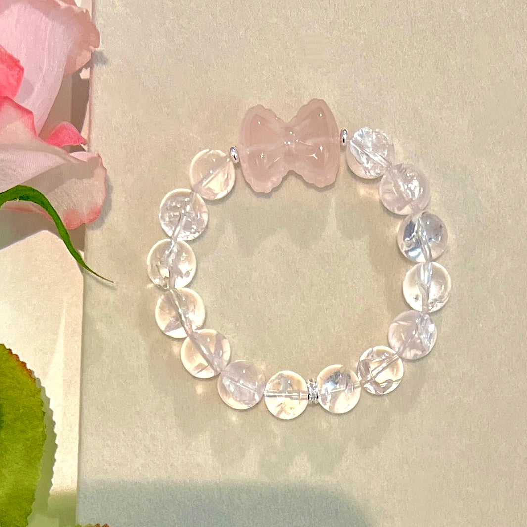 Blush Light – Pink A'Sei Quartz Bracelet with Carved Rose Quartz Bow