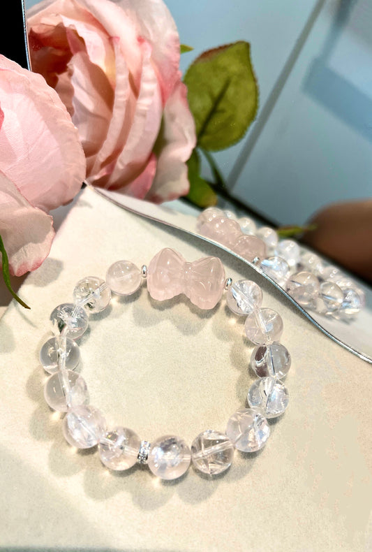 Blush Light – Pink A'Sei Quartz Bracelet with Carved Rose Quartz Bow