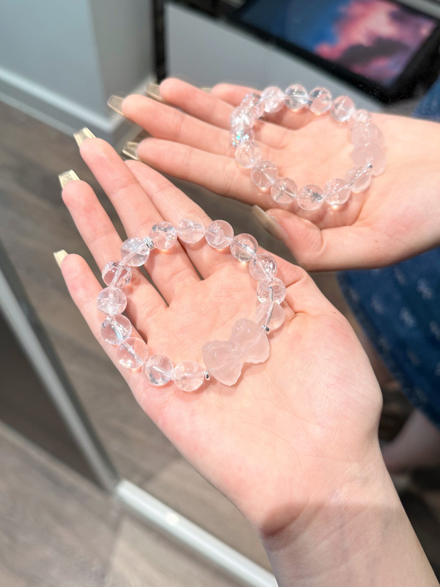 Blush Light – Pink A'Sei Quartz Bracelet with Carved Rose Quartz Bow