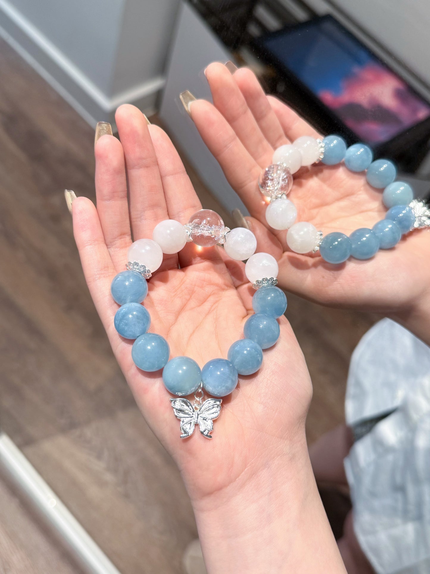 Mermaid's Tear – Aquamarine, Moonstone & Himalayan Quartz Bracelet with Sterling Silver Butterfly