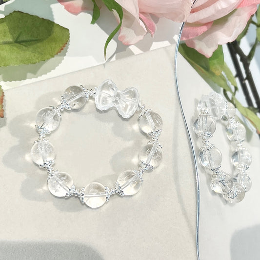 Crystal Grace – White Agate & Old-Mine Clear Quartz Bracelet with Carved Bow Centerpiece