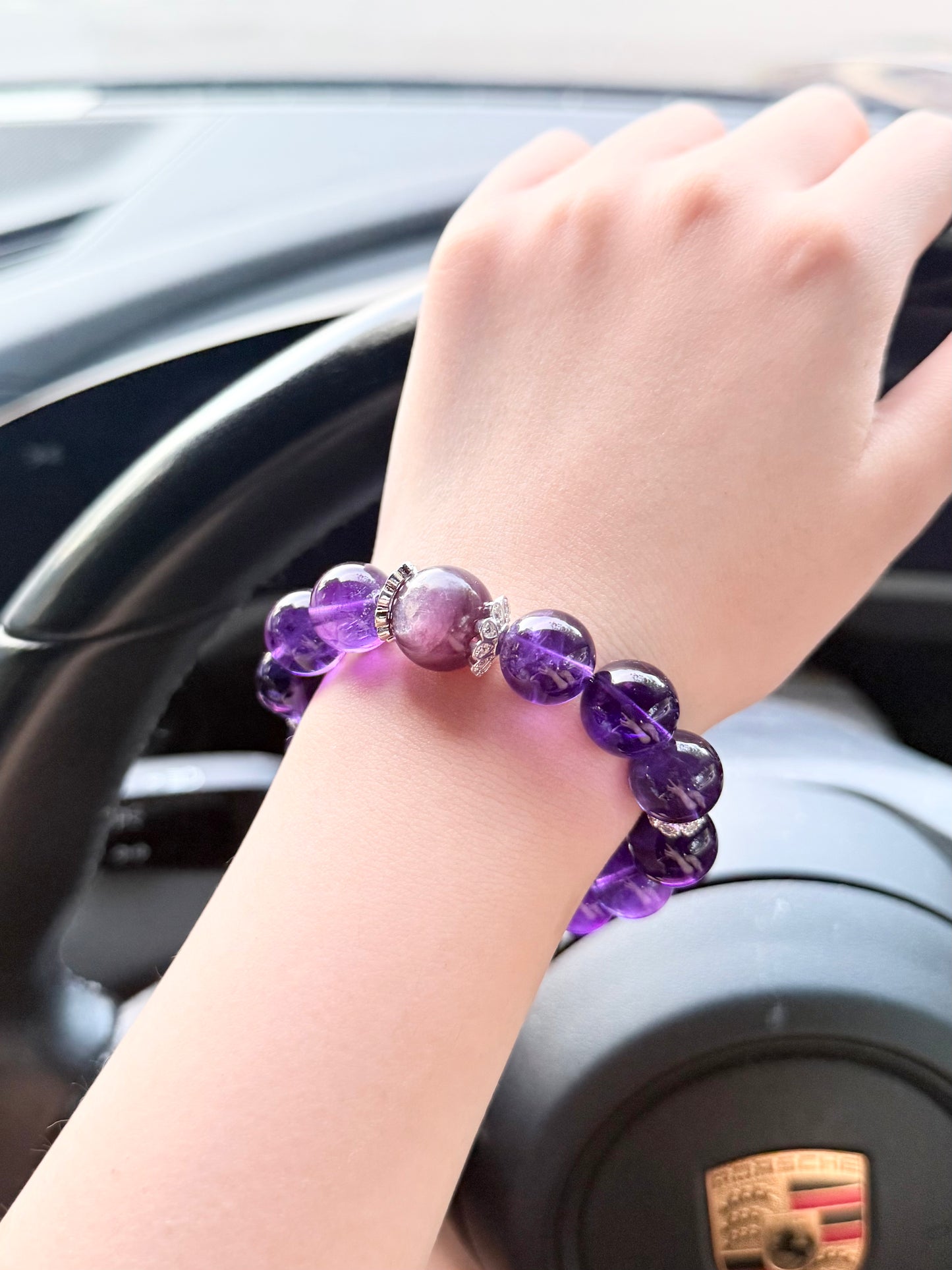 Amethyst Path – Uruguayan Amethyst & Lepidolite Bracelet with Sterling Silver Fortune Beads